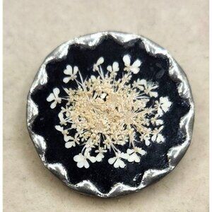 Unusual Round Glass Brooch, Silver Metal Border Cream Floral Accent